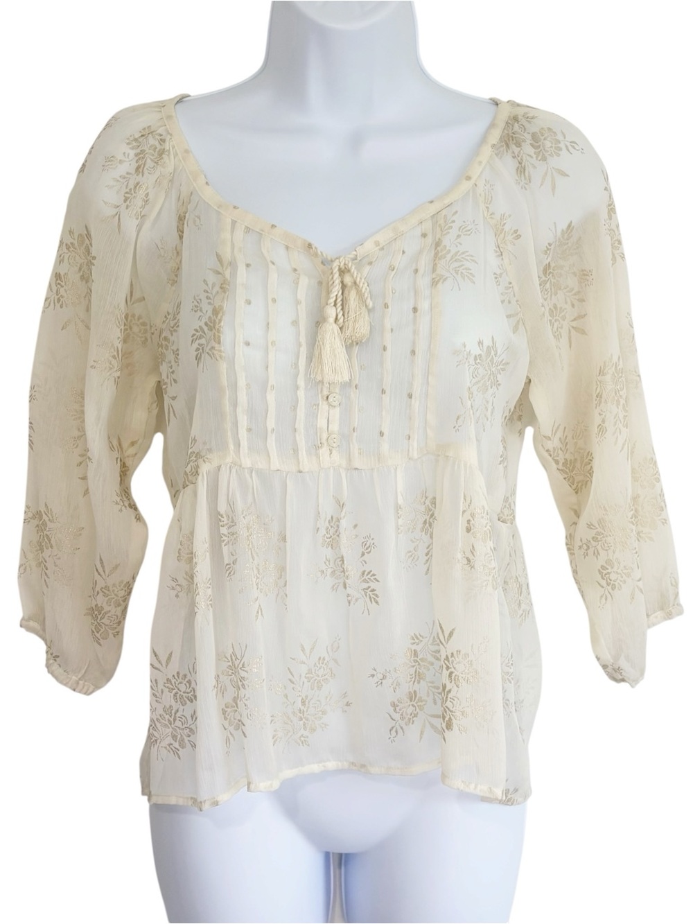 ABERCROMBIE & FITCH Ivory Sheer Babydoll Peasant Blouse Gold Metallic XS - Picture 1 of 7